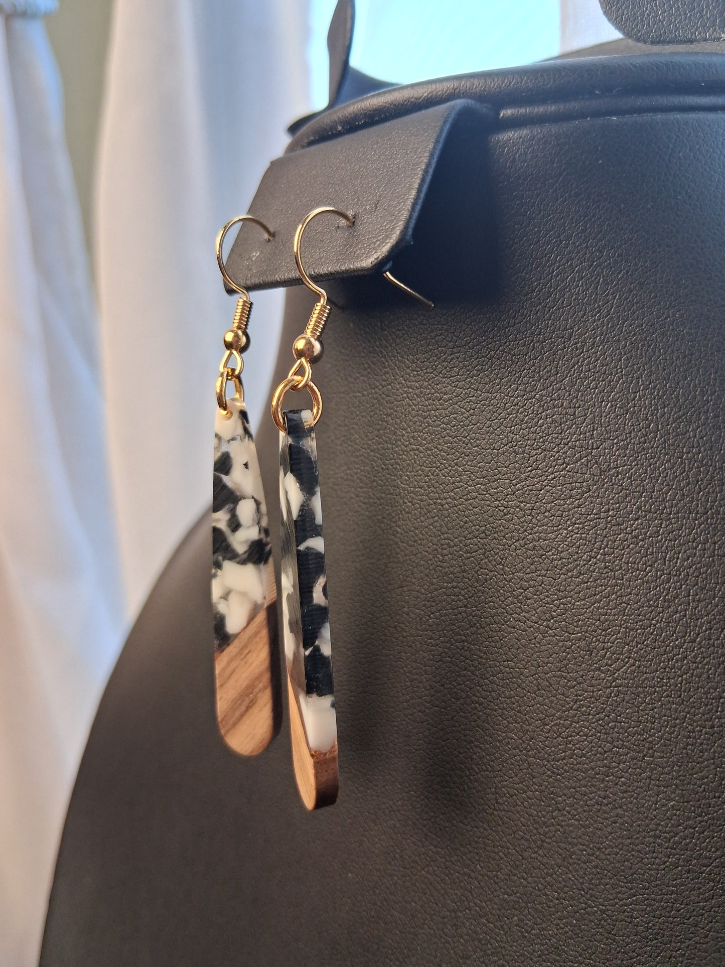 Spotted Luxury black and white Boho resin and wood earrings