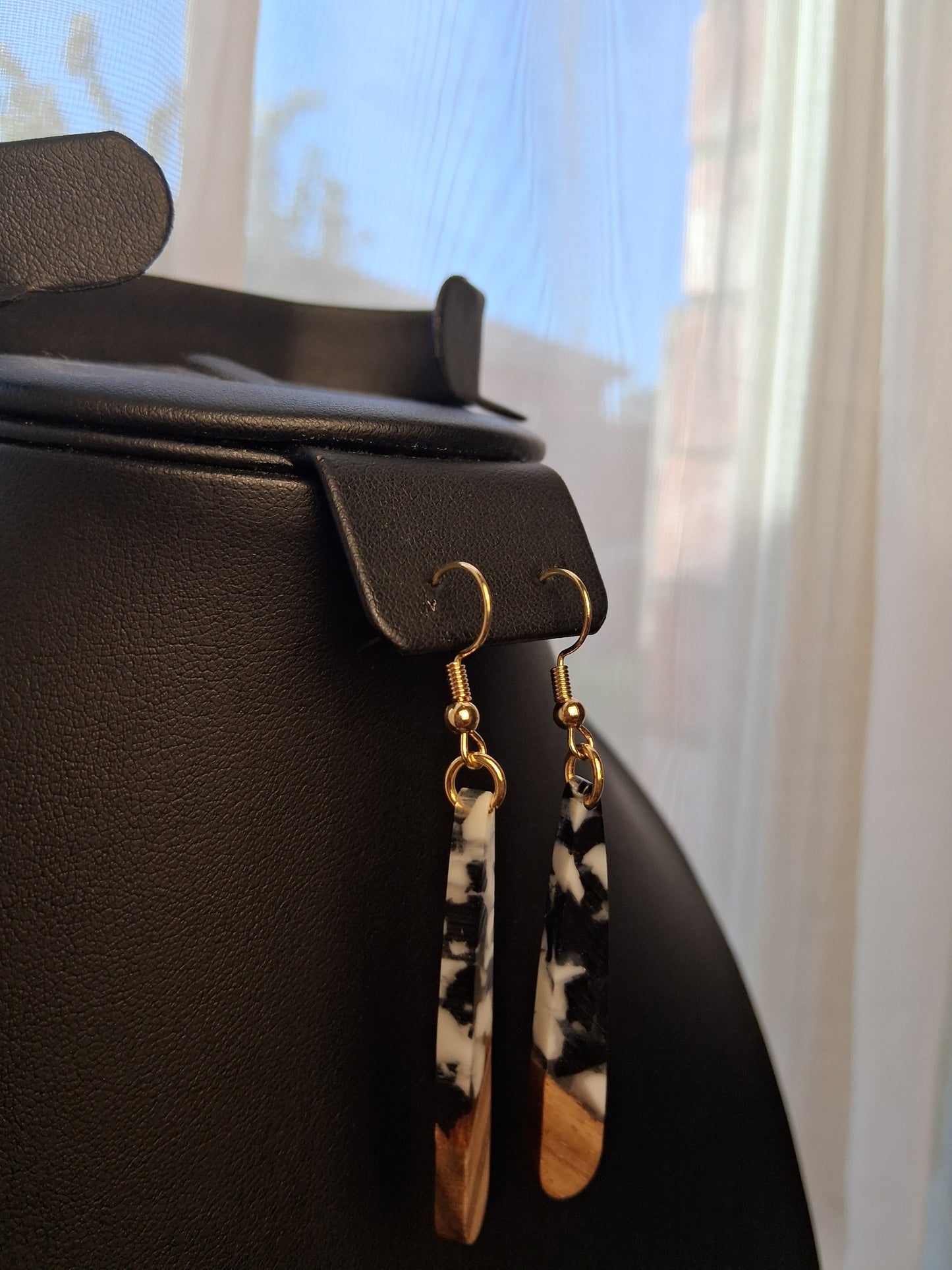 Spotted Luxury black and white Boho resin and wood earrings