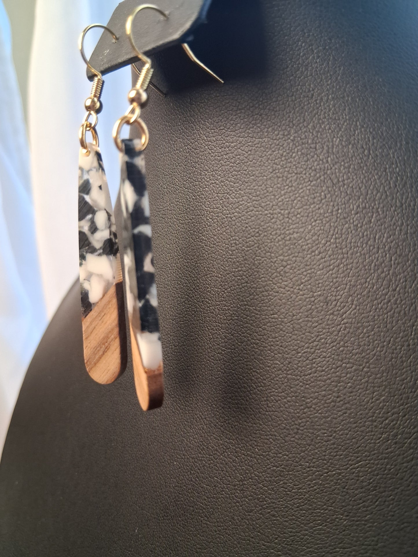Spotted Luxury black and white Boho resin and wood earrings