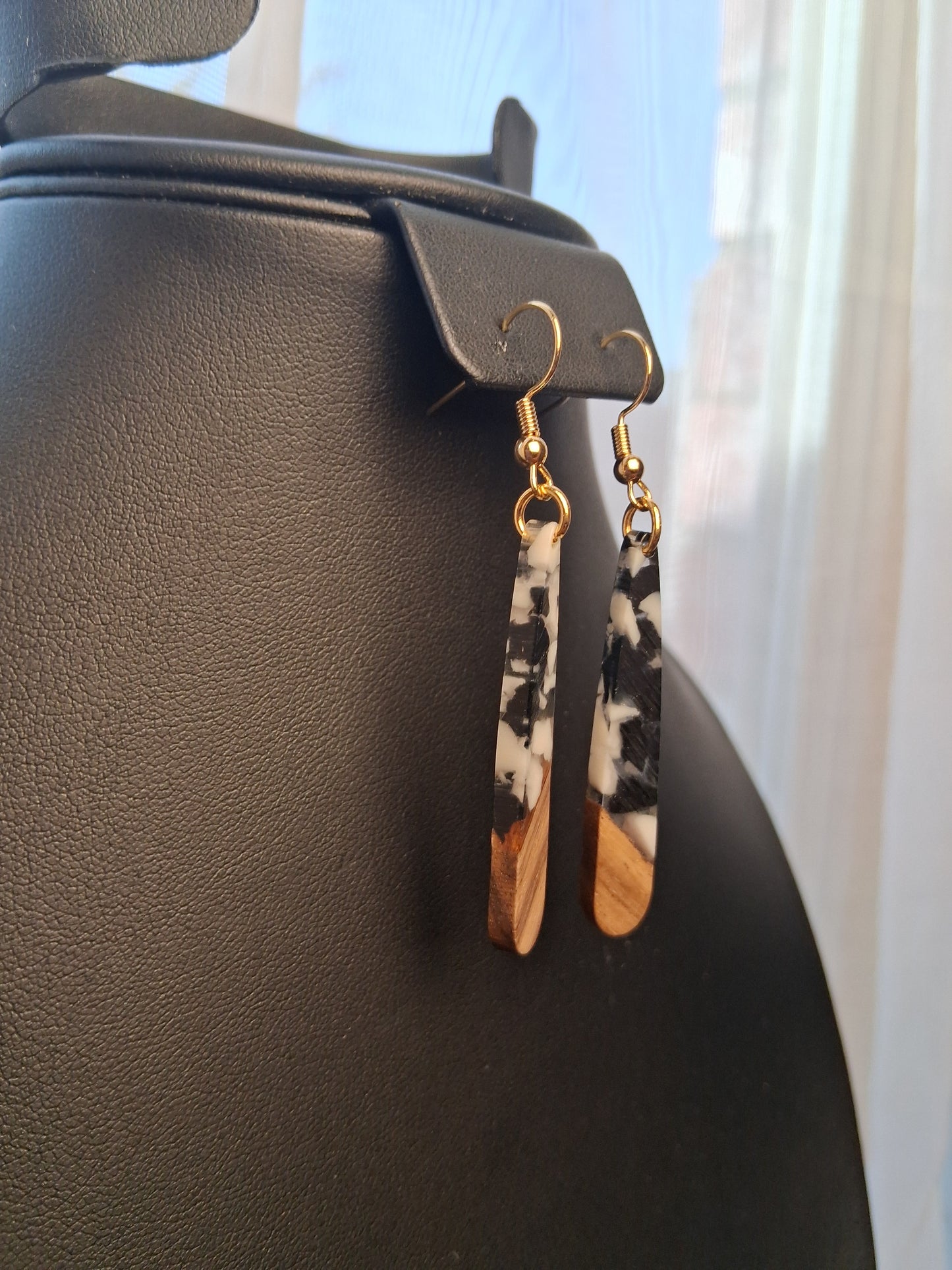 Spotted Luxury black and white Boho resin and wood earrings