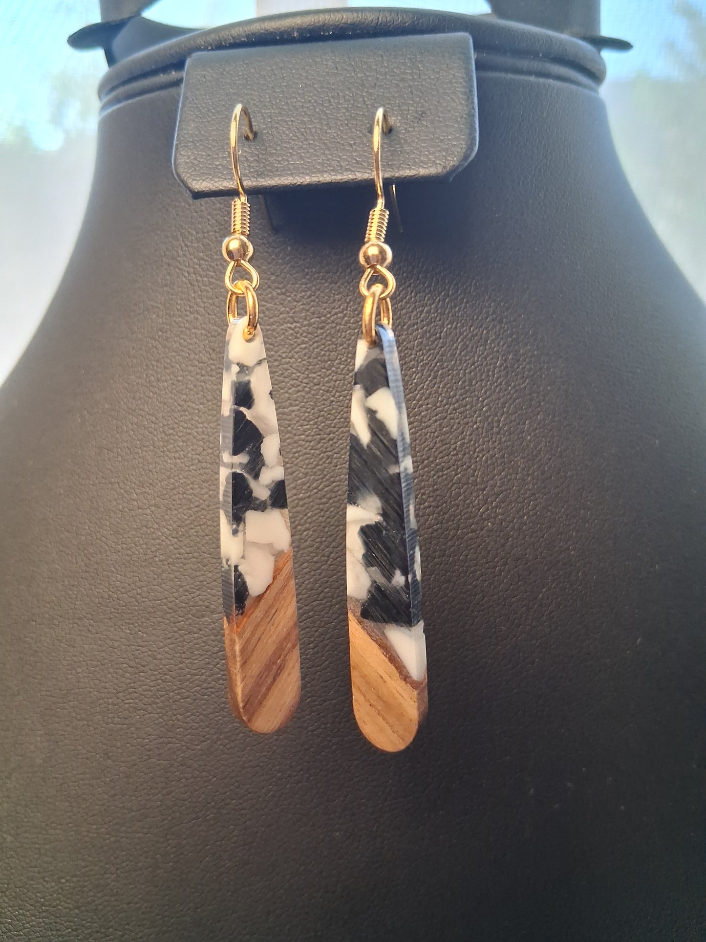 Spotted Luxury black and white Boho resin and wood earrings