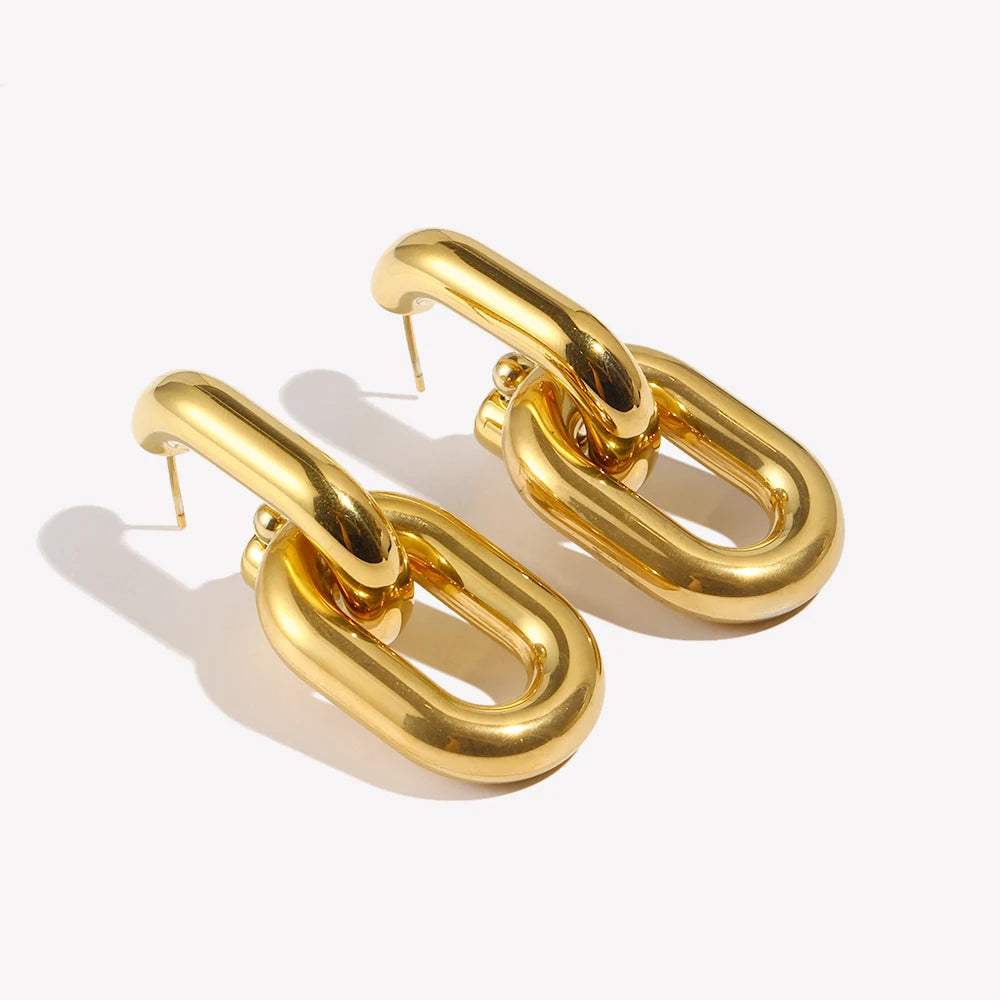 Gold chain-style earrings on a white background