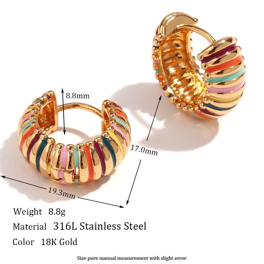 Gold hoop earrings with colorful stripes and measurements on a white background