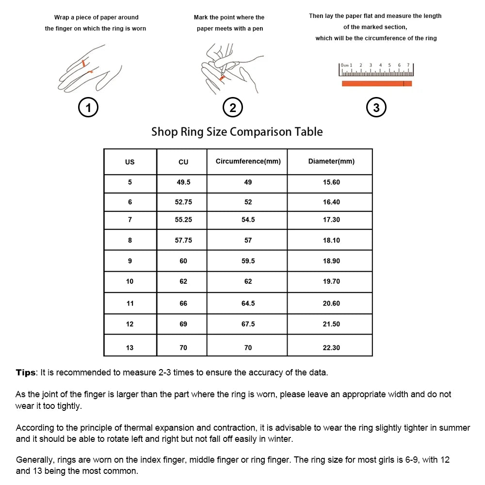Instructions for measuring ring size with diagrams and a comparison table.