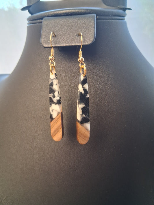 Spotted Luxury black and white Boho resin and wood earrings